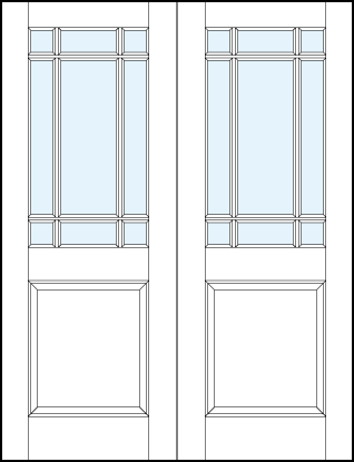 pair of interior glass panel doors panels at top with outer border true divided lites and large raised bottom panel