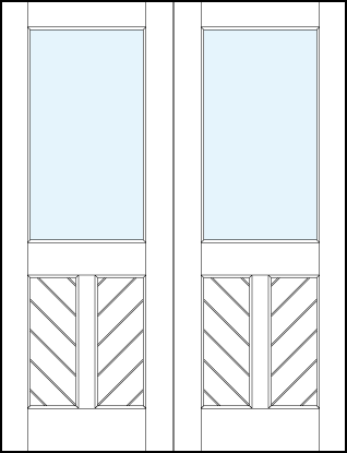 pair of interior glass panel doors with dual bottom raised panel and slanted slats