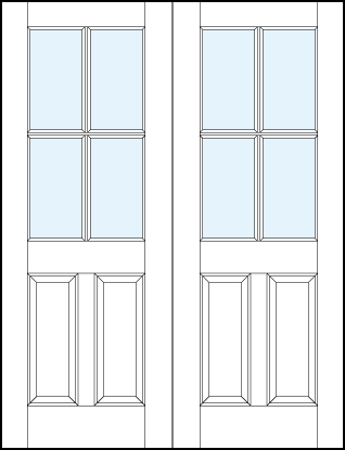 pair of interior panel doors with glass panels and dual bottom raised panel and cross true divided lites on glass