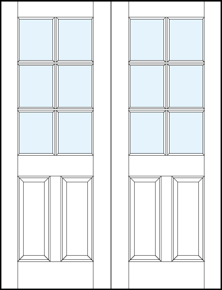 pair of interior glass panel doors with dual bottom raised panel and six section true divided lites