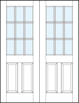 pair of front entry glass panel doors with dual bottom raised panel and nine section true divided lites