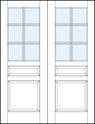 pair of interior panel doors with glass, bottom and small center raised panels, and six section true divided lites