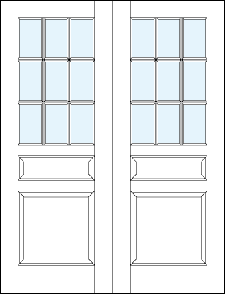 pair of interior panel doors with glass and bottom and small center raised panels and nine section true divided lites