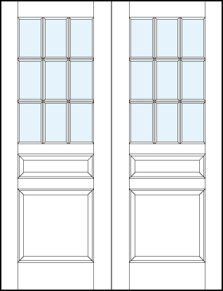 pair of front entry panel doors with glass and bottom and small center raised panels and nine section true divided lites