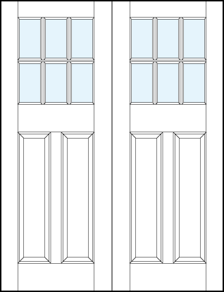 pair of interior panel doors with glass up top and tall dual bottom panels and six section true divided lites