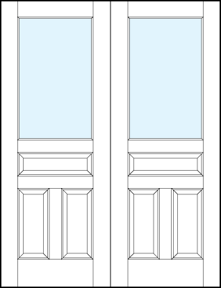 pair of interior panel doors with glass interior top panel, dual bottom and center raised panels