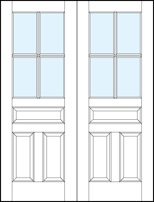 pair of front entry panel doors with glass interior top, dual bottom and center raised panels & cross true divided lites