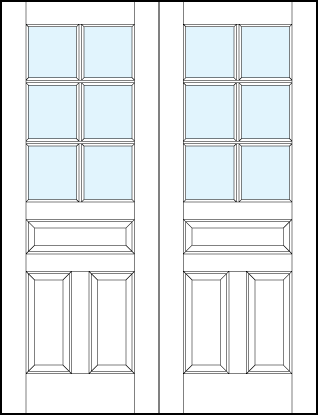 pair of interior panel doors with glass top, dual bottom and center raised panels & six section true divided lites