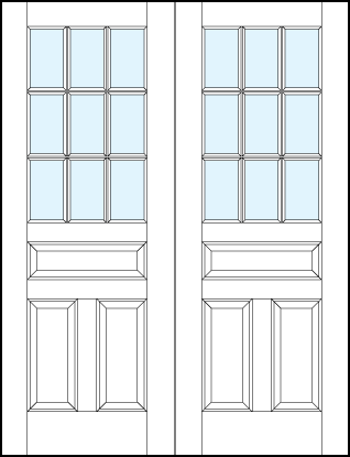 pair of interior panel doors with glass top, dual bottom and center raised panels & nine section true divided lites