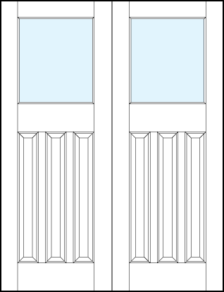 pair of front entry panel doors with glass top panel, three bottom vertical raised panels