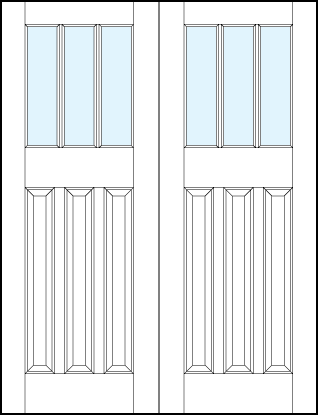 pair of front entry panel doors with glass top, three bottom vertical raised panels and dual vertical true divided lites