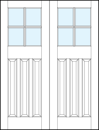 pair of front entry panel doors with glass top, three bottom vertical raised panels and cross true divided lites