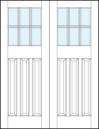 pair of interior panel doors with glass top, three bottom vertical raised panels and six section true divided lites