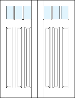 pair of interior panel doors with glass top, three tall bottom vertical raised panels and two true divided lites