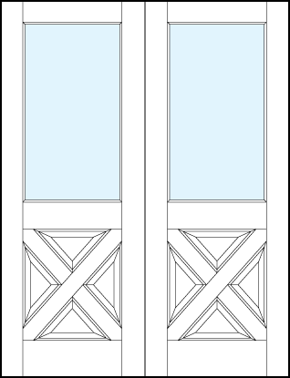 pair of interior panel doors with glass top panel with cross raised lower panel