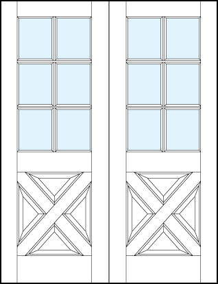 pair of interior panel doors with glass top panel with cross raised lower panel and six section true divided lites