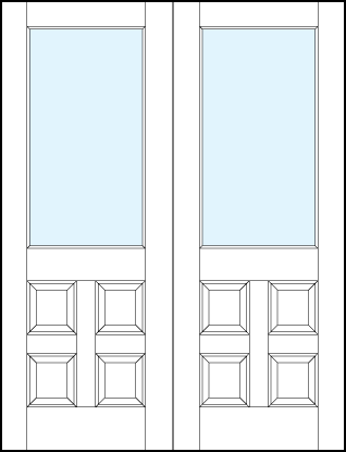 pair of interior panel doors with glass top panel with four small square raised panels