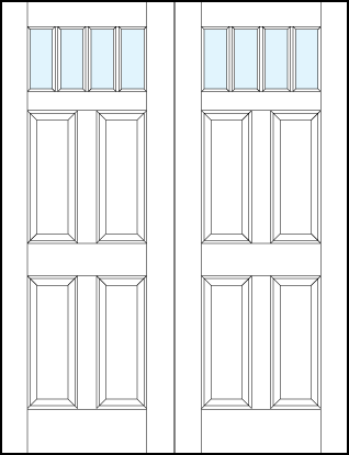 pair of interior panel doors with glass top panel with four tall raised panels with four true divided lites