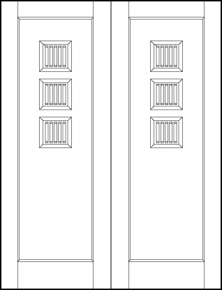 pair of stile and rail custom interior doors with three top square vertical tambour panels and bottom large panel