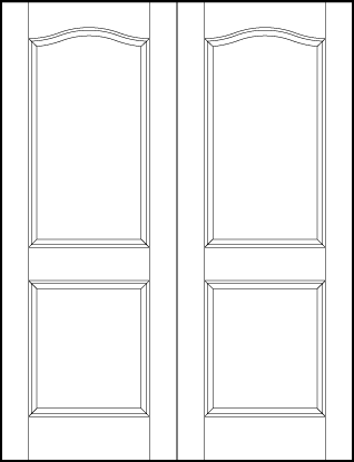 pair of front entry custom panel doors with two sunken panels, one rectangle and curved arch and one square on bottom