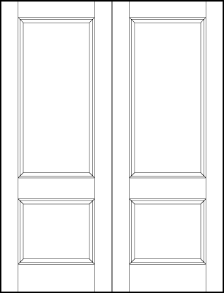 pair of front entry custom panel doors with two sunken panels, one rectangle on top and one small square on bottom