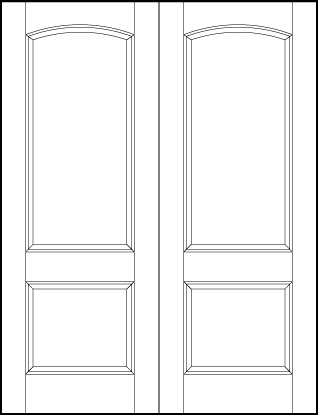 pair of stile and rail interior door with top sunken rectangle and bottom sunken square with curved top arch