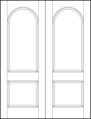 pair of stile and rail front entry door with top sunken rectangle and bottom sunken square with half circle top arch