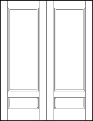 pair of stile and rail interior door with top rectangle and small bottom horizontal rectangle sunken panels