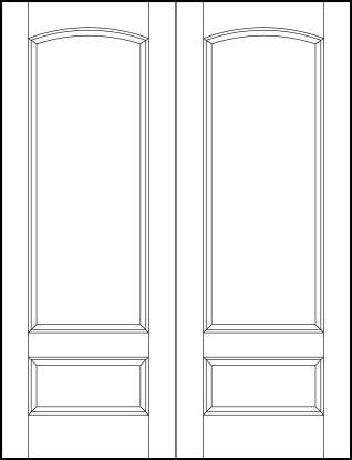 pair of stile and rail front entry door with top curved arch rectangle and small bottom horizontal sunken panels