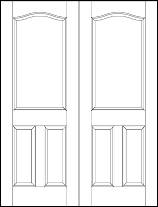 pair of stile and rail interior door with two sunken rectangle and large top sunken panels with slight arch top