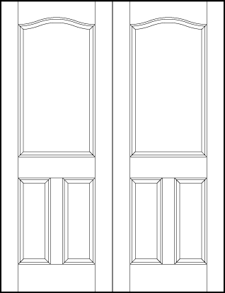 pair of stile and rail front entry door with two sunken rectangle and large top sunken panels with slight arch top
