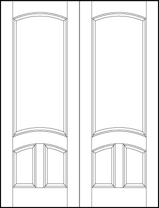 pair of stile and rail front entry door with two sunken rectangles and large top sunken panels with arched tops