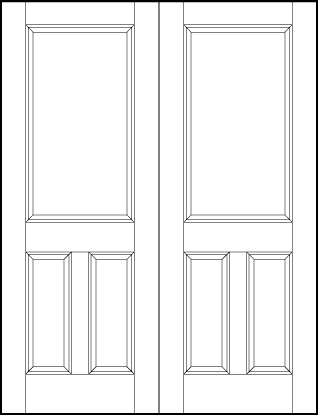 pair of stile and rail interior door with large sunken panels rectangle on top and two vertical rectangles on bottom