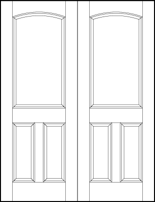 pair of stile and rail interior doors with two bottom rectangle panels and large top panel with curved arch