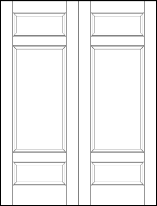 pair of stile and rail front entry door with two horizontal rectangles on edges and center sunken panel in center