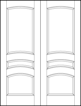 pair of stile and rail front entry doors with square bottom, middle small rectangle, and large top curved arch panels
