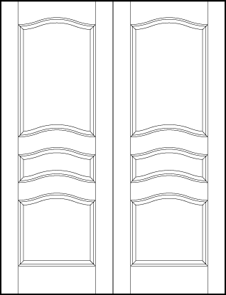 pair of stile and rail interior doors with square bottom, middle small rectangle, and large top arched panels