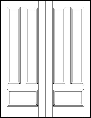 pair of front entry flat panel door with two vertical rectangle sunken panels and horizontal bottom medium rectangle