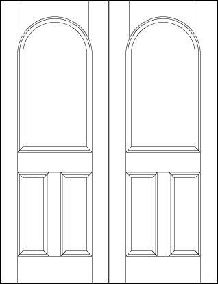 pair of interior flat panel doors with radius top rectangle on top and two parallel vertical rectangles on bottom