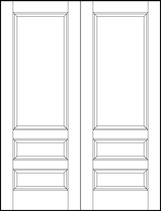 pair of front entry flat panel door with parallel bottom horizontal rectangles and top large rectangle sunken panels