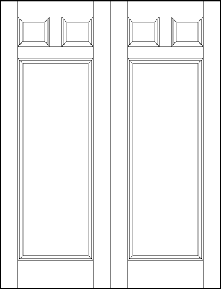 pair of front entry flat panel doors with two top sunken small squares and large vertical bottom sunken rectangle