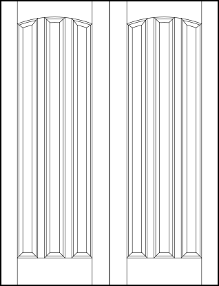 pair of front entry flat panel doors with curved arch top and three sunken vertical parallel tall rectangles