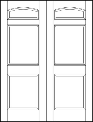 pair of front entry flat panel doors with small top horizontal curved rectangle and two square sunken bottom panels