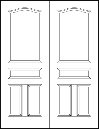 pair of front entry flat panel doors with arch top panel, horizontal center, and two vertical bottom sunken panels