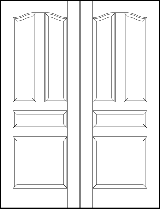 pair of entry flat panel doors two vertical slight arch top panels, horizontal center and square bottom sunken panels