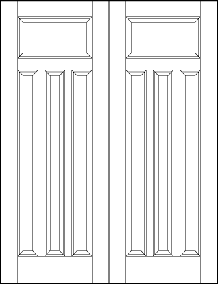 pair of stile and rail interior wood doors with wide top sunken panel and three vertical tall sunken panels