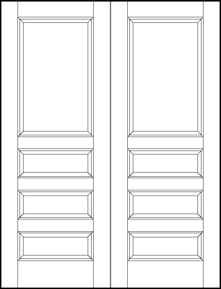 pair of stile and rail interior wood doors with large sunken top panel and three same sized horizontal panels