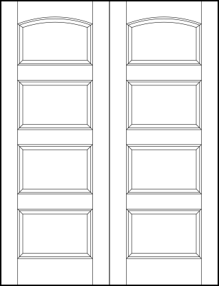 pair of stile and rail interior wood doors with four equal sized sunken panels and arched top panel