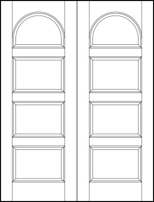 pair of stile and rail interior wood doors with four horizontal panels with radius top arch