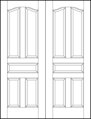 pair of stile and rail front entry wood doors with tall arched vertical top panels, center and medium tall panels
